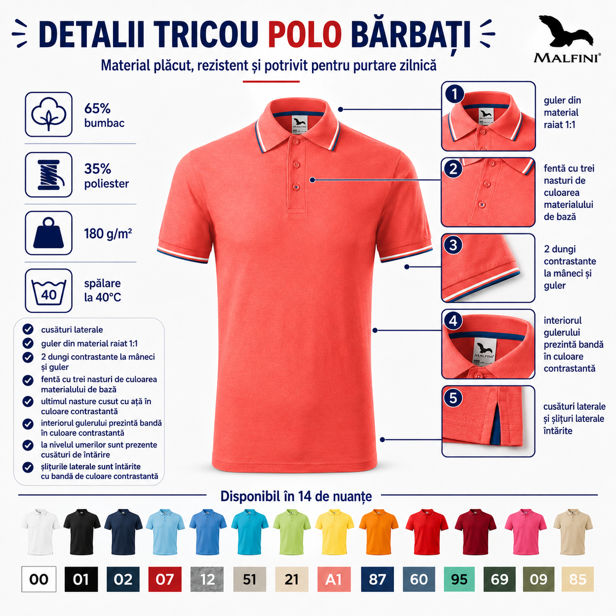Tricou polo bărbați Malfini Premium Focus 232 cu beneficii, 65% bumbac, 35% poliester, 180 g/m&sup2;